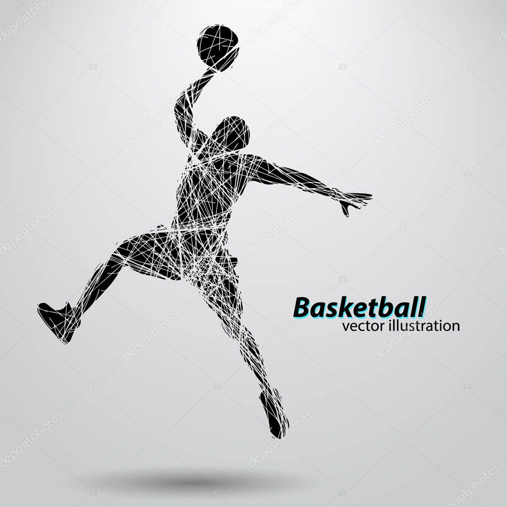 Silhouette of a basketball player. Background and text on a separate layer, color can be changed in one click