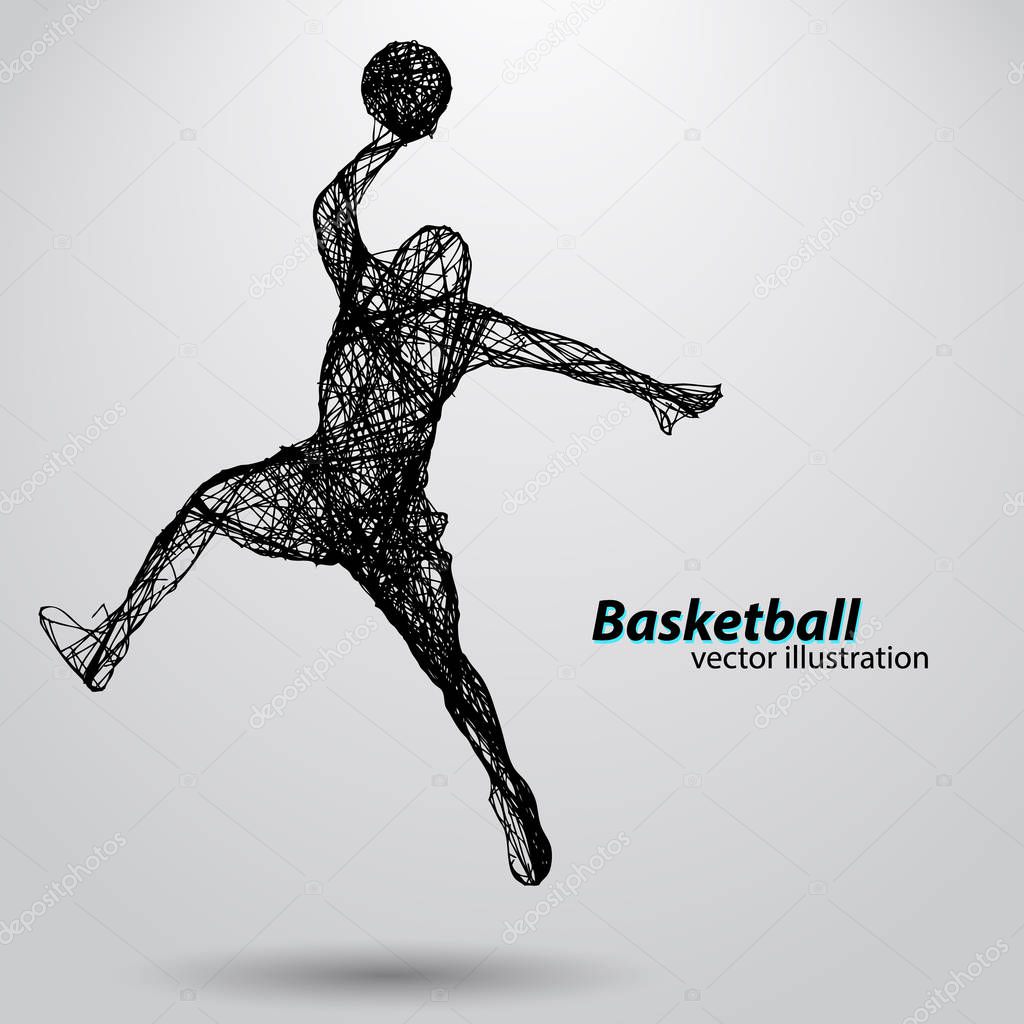 Silhouette of a basketball player. Background and text on a separate layer, color can be changed in one click