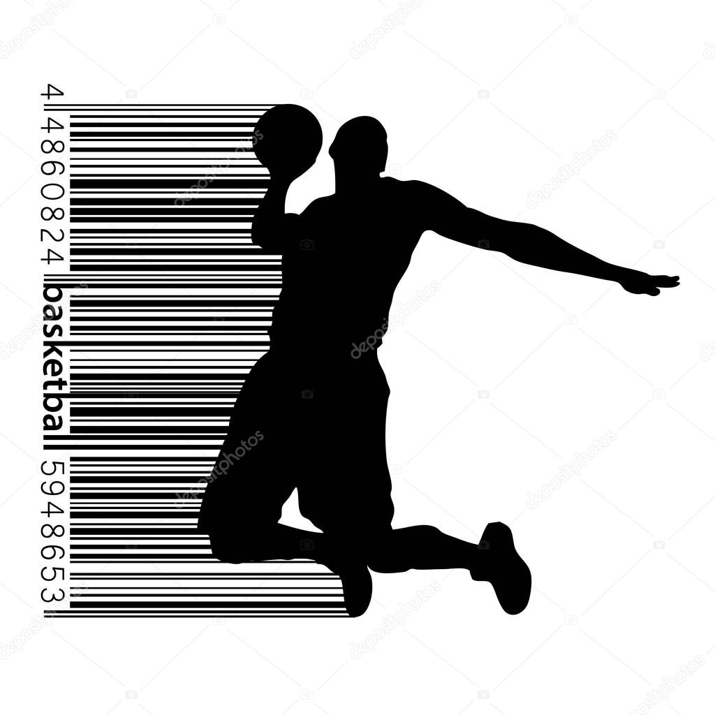 Silhouette of a basketball player. Background and text on a separate layer, color can be changed in one click