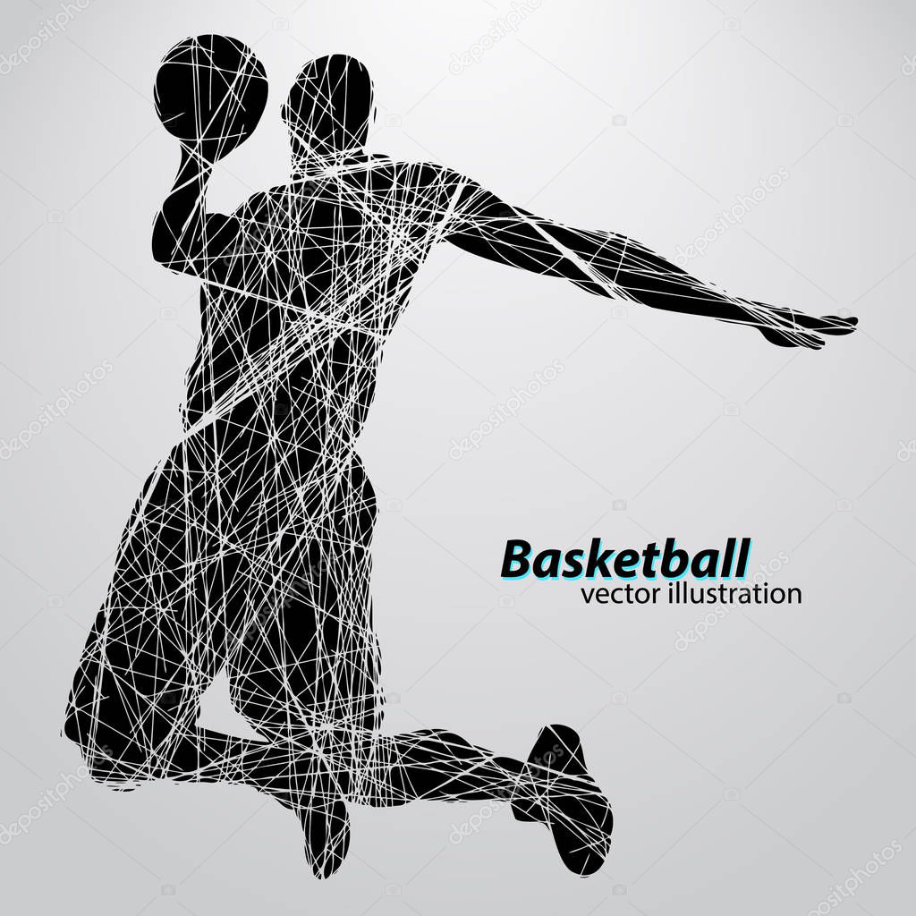Silhouette of a basketball player. Background and text on a separate layer, color can be changed in one click
