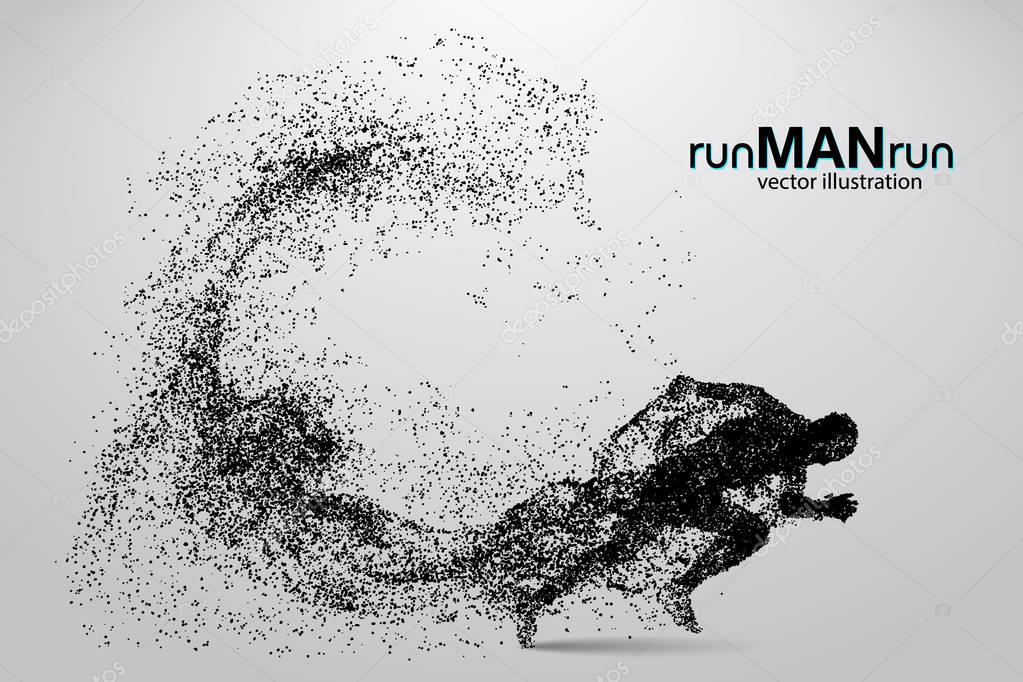 Silhouette of a running man from particles. Text and background on a separate layer, color can be changed in one click.