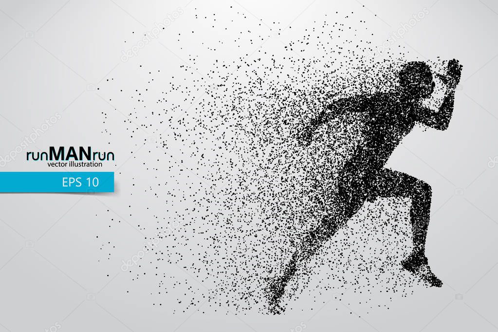 Silhouette of a running man from particles. Text and background on a separate layer, color can be changed in one click.