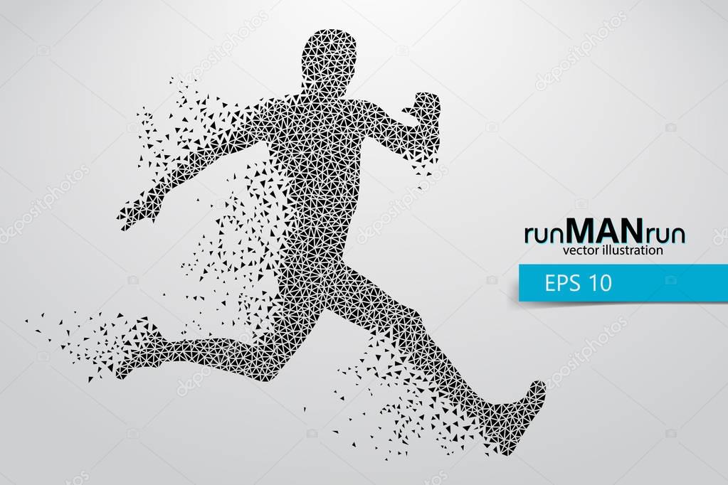 Silhouette of a running man from triangle. Text and background on a separate layer, color can be changed in one click