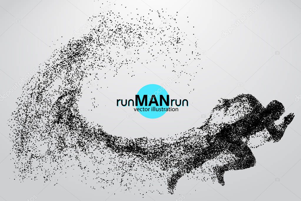 Silhouette of a running man from particles. Text and background on a separate layer, color can be changed in one click.
