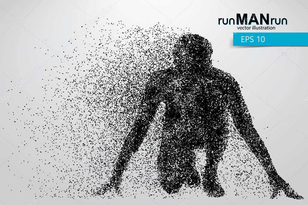 Silhouette of a running man from particles. Text and background on a separate layer, color can be changed in one click.