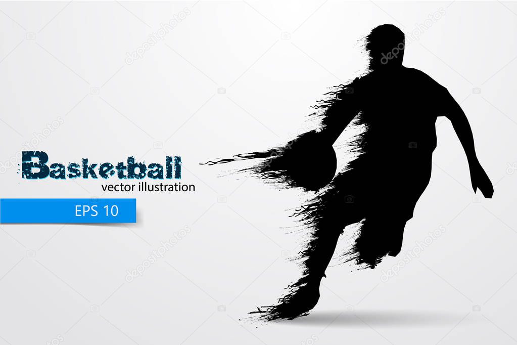 Silhouette of a basketball player. Background and text on a separate layer, color can be changed in one click. Vector illustration