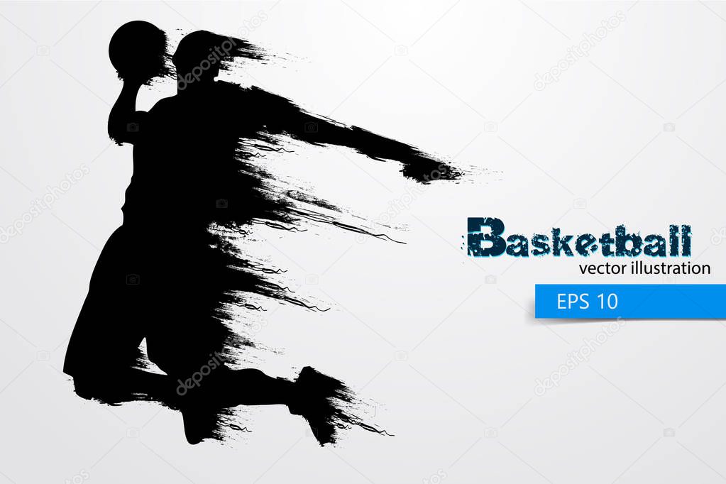 Silhouette of a basketball player. Background and text on a separate layer, color can be changed in one click. Vector illustration