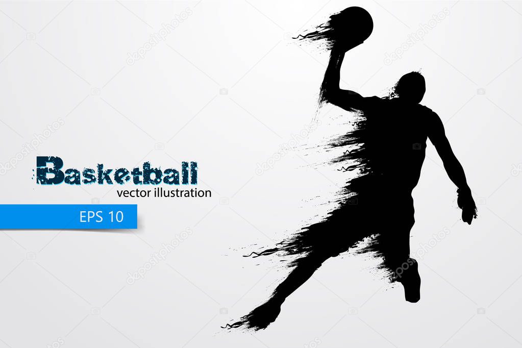 Silhouette of a basketball player. Background and text on a separate layer, color can be changed in one click. Vector illustration