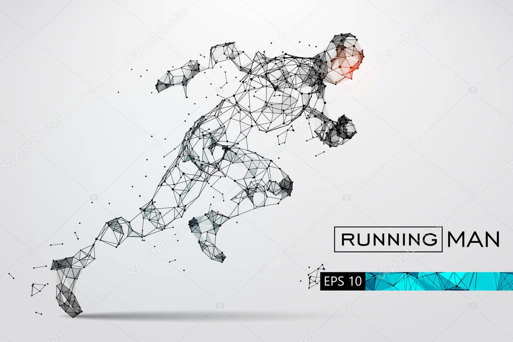 Silhouette of a running man. Dots, lines, triangles, text, color effects and background on a separate layers, color can be changed in one click. Vector illustration
