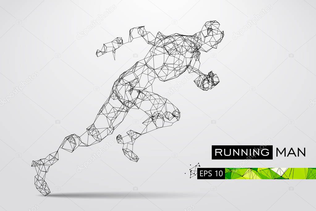 Silhouette of a running man. Dots, lines, triangles, text, color effects and background on a separate layers, color can be changed in one click. Vector illustration
