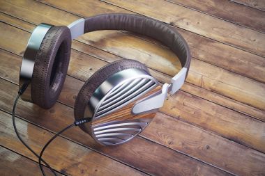 Retro kulaklık masada. Vintage eski stil 3d render illüstrasyon