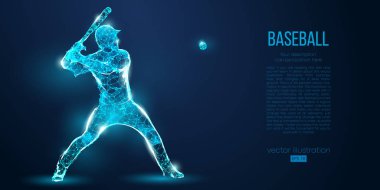 Mavi arka plandaki parçacıklar, çizgiler ve üçgenlerden soyut beyzbol oyuncusu. Farklı katmanlardaki tüm elementler, renk değiştirilebilir. Düşük polyester neon kablo hatları geometrik. Vektör