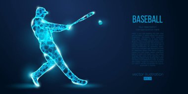 Mavi arka plandaki parçacıklar, çizgiler ve üçgenlerden soyut beyzbol oyuncusu. Farklı katmanlardaki tüm elementler, renk değiştirilebilir. Düşük polyester neon kablo hatları geometrik. Vektör