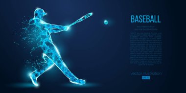 Mavi arka plandaki parçacıklar, çizgiler ve üçgenlerden soyut beyzbol oyuncusu. Farklı katmanlardaki tüm elementler, renk değiştirilebilir. Düşük polyester neon kablo hatları geometrik. Vektör