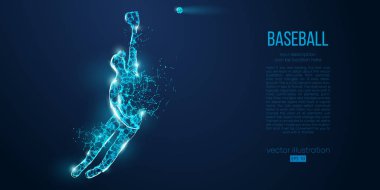 Mavi arka plandaki parçacıklar, çizgiler ve üçgenlerden soyut beyzbol oyuncusu. Farklı katmanlardaki tüm elementler, renk değiştirilebilir. Düşük polyester neon kablo hatları geometrik. Vektör