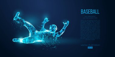 Mavi arka plandaki parçacıklar, çizgiler ve üçgenlerden soyut beyzbol oyuncusu. Farklı katmanlardaki tüm elementler, renk değiştirilebilir. Düşük polyester neon kablo hatları geometrik. Vektör