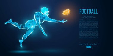 Mavi zemin üzerinde parçacıklar, çizgiler ve üçgenler soyut futbol oyuncusu. Ragbi. Amerikan futbolcusu. Farklı katmanlardaki tüm elementler, bir tıklamayla renk değiştirilebilir. Vektör
