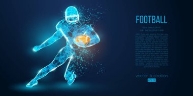 Mavi zemin üzerinde parçacıklar, çizgiler ve üçgenler soyut futbol oyuncusu. Ragbi. Amerikan futbolcusu. Farklı katmanlardaki tüm elementler, bir tıklamayla renk değiştirilebilir. Vektör