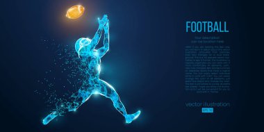Mavi zemin üzerinde parçacıklar, çizgiler ve üçgenler soyut futbol oyuncusu. Ragbi. Amerikan futbolcusu. Farklı katmanlardaki tüm elementler, bir tıklamayla renk değiştirilebilir. Vektör