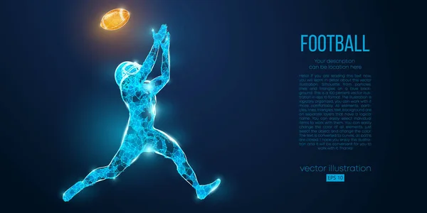 Abstract football player from particles, lines and triangles on blue background. Rugby. American footballer. All elements on a separate layers, color can be changed to any other in one click. Vector