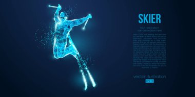 Mavi arkaplandaki parçacıklardan atlayan bir kayakçının soyut silueti. Ayrı bir katman rengindeki tüm elementler başka bir renge dönüştürülebilir. Düşük polyester neon kablo hatları geometrik. Vektör kayağı