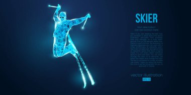 Mavi arkaplandaki parçacıklardan atlayan bir kayakçının soyut silueti. Ayrı bir katman rengindeki tüm elementler başka bir renge dönüştürülebilir. Düşük polyester neon kablo hatları geometrik. Vektör kayağı