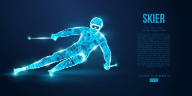 Mavi arkaplandaki parçacıklardan atlayan bir kayakçının soyut silueti. Ayrı bir katman rengindeki tüm elementler başka bir renge dönüştürülebilir. Düşük polyester neon kablo hatları geometrik. Vektör kayağı
