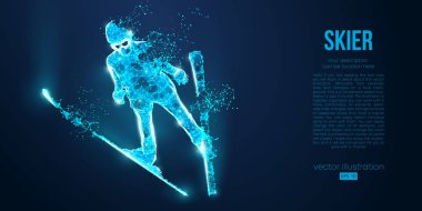 Mavi arkaplandaki parçacıklardan atlayan bir kayakçının soyut silueti. Ayrı bir katman rengindeki tüm elementler başka bir renge dönüştürülebilir. Düşük polyester neon kablo hatları geometrik. Vektör kayağı