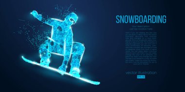 Mavi arka plandaki parçacıklardan atlayan bir snowboardcunun soyut silueti. Farklı katman renklerindeki tüm elementler değiştirilebilir. Düşük polyester neon kablo hatları geometrik. Vektör snowboard