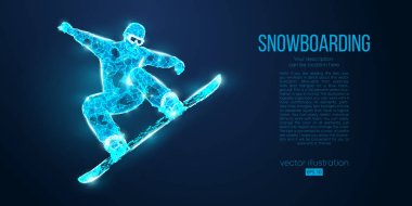 Mavi arka plandaki parçacıklardan atlayan bir snowboardcunun soyut silueti. Farklı katman renklerindeki tüm elementler değiştirilebilir. Düşük polyester neon kablo hatları geometrik. Vektör snowboard