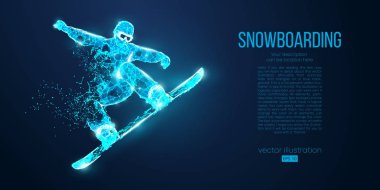 Mavi arka plandaki parçacıklardan atlayan bir snowboardcunun soyut silueti. Farklı katman renklerindeki tüm elementler değiştirilebilir. Düşük polyester neon kablo hatları geometrik. Vektör snowboard