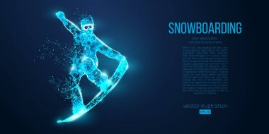 Mavi arka plandaki parçacıklardan atlayan bir snowboardcunun soyut silueti. Farklı katman renklerindeki tüm elementler değiştirilebilir. Düşük polyester neon kablo hatları geometrik. Vektör snowboard
