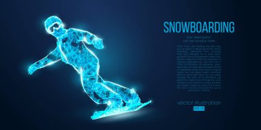 Mavi arka plandaki parçacıklardan atlayan bir snowboardcunun soyut silueti. Farklı katman renklerindeki tüm elementler değiştirilebilir. Düşük polyester neon kablo hatları geometrik. Vektör snowboard