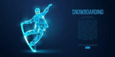Mavi arka plandaki parçacıklardan atlayan bir snowboardcunun soyut silueti. Farklı katman renklerindeki tüm elementler değiştirilebilir. Düşük polyester neon kablo hatları geometrik. Vektör snowboard
