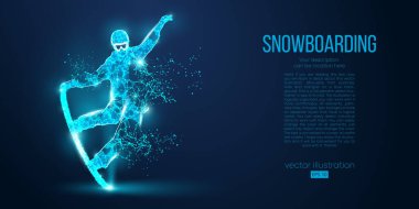 Mavi arka plandaki parçacıklardan atlayan bir snowboardcunun soyut silueti. Farklı katman renklerindeki tüm elementler değiştirilebilir. Düşük polyester neon kablo hatları geometrik. Vektör snowboard