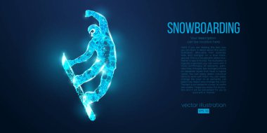 Mavi arka plandaki parçacıklardan atlayan bir snowboardcunun soyut silueti. Farklı katman renklerindeki tüm elementler değiştirilebilir. Düşük polyester neon kablo hatları geometrik. Vektör snowboard