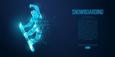 Mavi arka plandaki parçacıklardan atlayan bir snowboardcunun soyut silueti. Farklı katman renklerindeki tüm elementler değiştirilebilir. Düşük polyester neon kablo hatları geometrik. Vektör snowboard