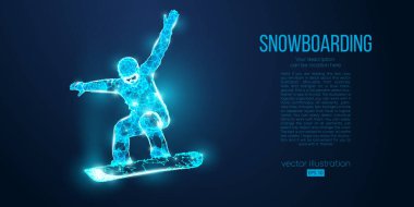 Mavi arka plandaki parçacıklardan atlayan bir snowboardcunun soyut silueti. Farklı katman renklerindeki tüm elementler değiştirilebilir. Düşük polyester neon kablo hatları geometrik. Vektör snowboard