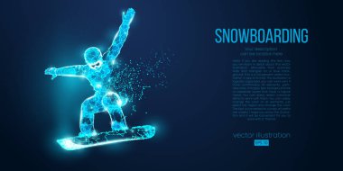 Mavi arka plandaki parçacıklardan atlayan bir snowboardcunun soyut silueti. Farklı katman renklerindeki tüm elementler değiştirilebilir. Düşük polyester neon kablo hatları geometrik. Vektör snowboard