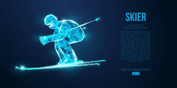 Abstract silhouette of a skier jumping from particles on blue background. All elements on a separate layers color can be changed to any other. Low poly neon wire outline geometric. Vector ski — Stock Vector