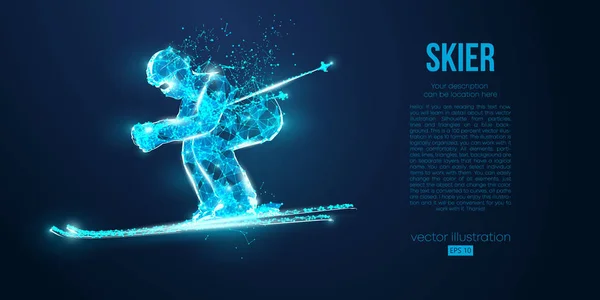 Mavi arkaplandaki parçacıklardan atlayan bir kayakçının soyut silueti. Ayrı bir katman rengindeki tüm elementler başka bir renge dönüştürülebilir. Düşük polyester neon kablo hatları geometrik. Vektör kayağı — Stok Vektör