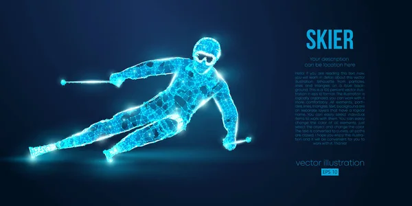 一个滑雪者在蓝色背景上从粒子上跳下的轮廓。 独立层颜色上的所有元素都可以改变为任何其他元素。 低聚钕线形几何轮廓. 矢量滑雪 — 图库矢量图片