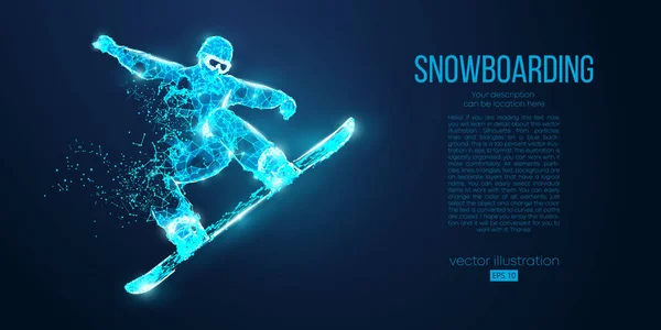 一个滑雪者从蓝色背景的粒子上跳下的轮廓。 不同层次上的所有元素都可以改变。 低聚钕线形几何轮廓. 矢量滑雪板 — 图库矢量图片