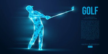 Golf oyuncusunun silueti, mavi arka plandaki parçacıklardan golfçü. Ayrı bir katman rengindeki tüm elementler başka bir renge dönüştürülebilir. Düşük polyester neon kablo hatları geometrik. Vektör illüstrasyonu