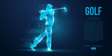 Golf oyuncusunun silueti, mavi arka plandaki parçacıklardan golfçü. Ayrı bir katman rengindeki tüm elementler başka bir renge dönüştürülebilir. Düşük polyester neon kablo hatları geometrik. Vektör illüstrasyonu
