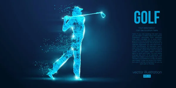 Silueta de un jugador de golf, golfista de partículas sobre fondo azul. Todos los elementos en un color de capas separadas se pueden cambiar a cualquier otro. Bajo poli neón contorno de alambre geométrico. Ilustración vectorial — Vector de stock