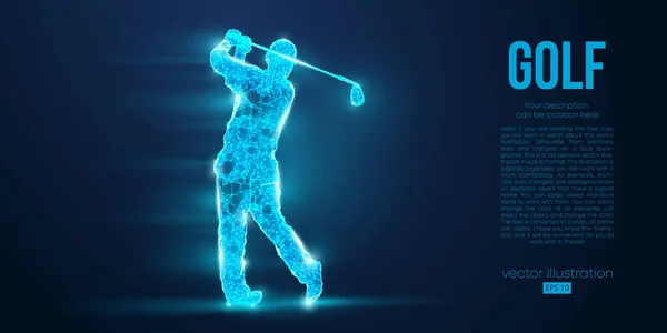 Silhouette d'un joueur de golf, golfeur à partir de particules sur fond bleu. Tous les éléments sur une couleur de calque séparée peuvent être changés en n'importe quel autre. Faible poly fil néon contour géométrique. Illustration vectorielle — Image vectorielle
