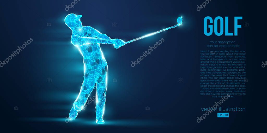 Silhouette of a golf player, golfer from particles on blue background. All elements on a separate layers color can be changed to any other. Low poly neon wire outline geometric. Vector illustration