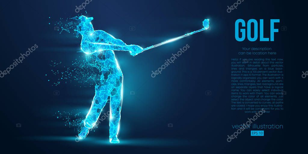 Silhouette of a golf player, golfer from particles on blue background. All elements on a separate layers color can be changed to any other. Low poly neon wire outline geometric. Vector illustration
