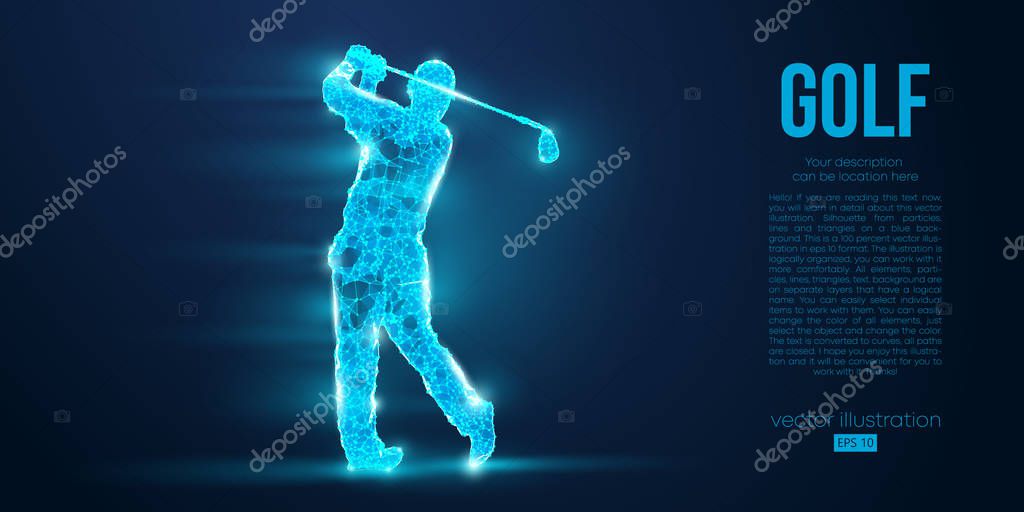 Silhouette of a golf player, golfer from particles on blue background. All elements on a separate layers color can be changed to any other. Low poly neon wire outline geometric. Vector illustration